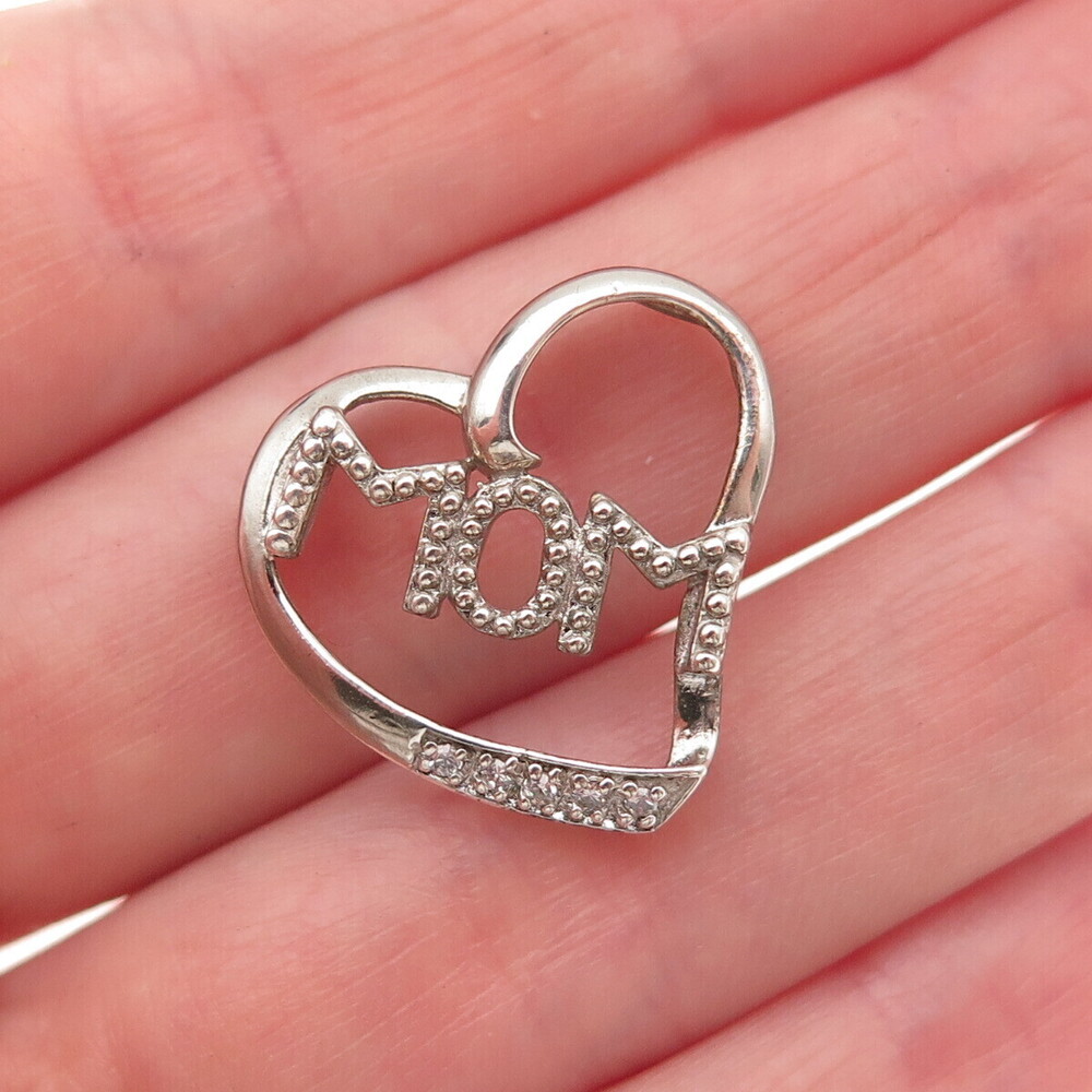 925 Sterling Silver Real Round-Cut Diamond Mom Heart Mini Slide Charm Pendant